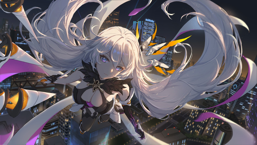 1girl asymmetrical_gloves black_footwear black_gloves blue_eyes boots breasts building city city_lights cleavage closed_mouth gloves hair_ornament highres honkai_(series) honkai_impact_3rd kiana_kaslana kiana_kaslana_(herrscher_of_the_void) long_hair looking_at_viewer mismatched_gloves night night_sky outdoors polearm single_wing sky smile solo spear taichi_(yirkorn) thigh_boots thighhighs weapon white_gloves white_hair wings