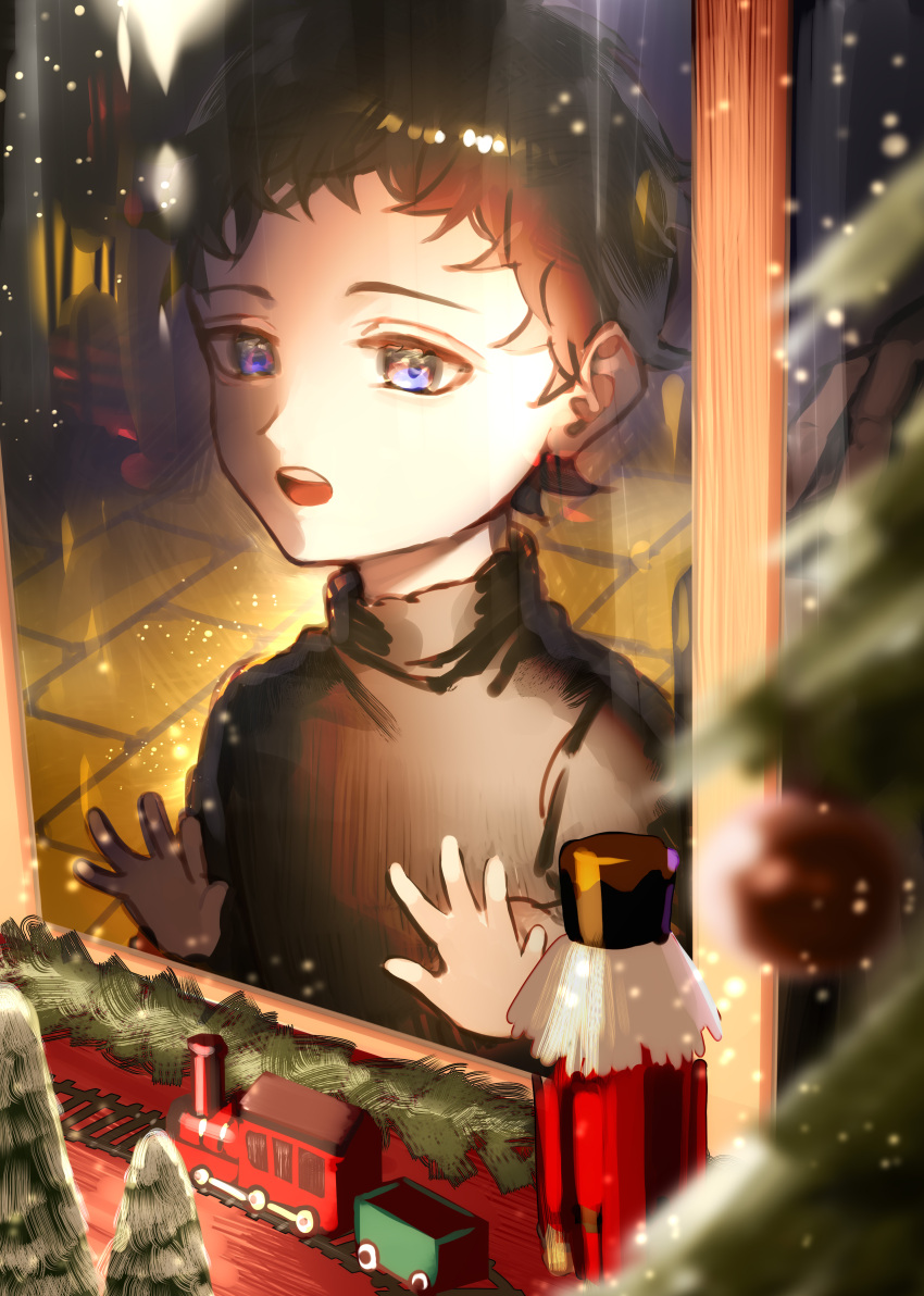 1boy absurdres awestruck black_clover black_hair black_shirt blue_eyes blurry bokeh brick_floor christmas christmas_ornaments christmas_tree depth_of_field frit_2 garland_(decoration) hand_on_window high_collar highres light_particles male_focus nutcracker open_mouth pine_tree railroad_tracks shirt short_hair solo toy_train tree window younger zenon_zogratis