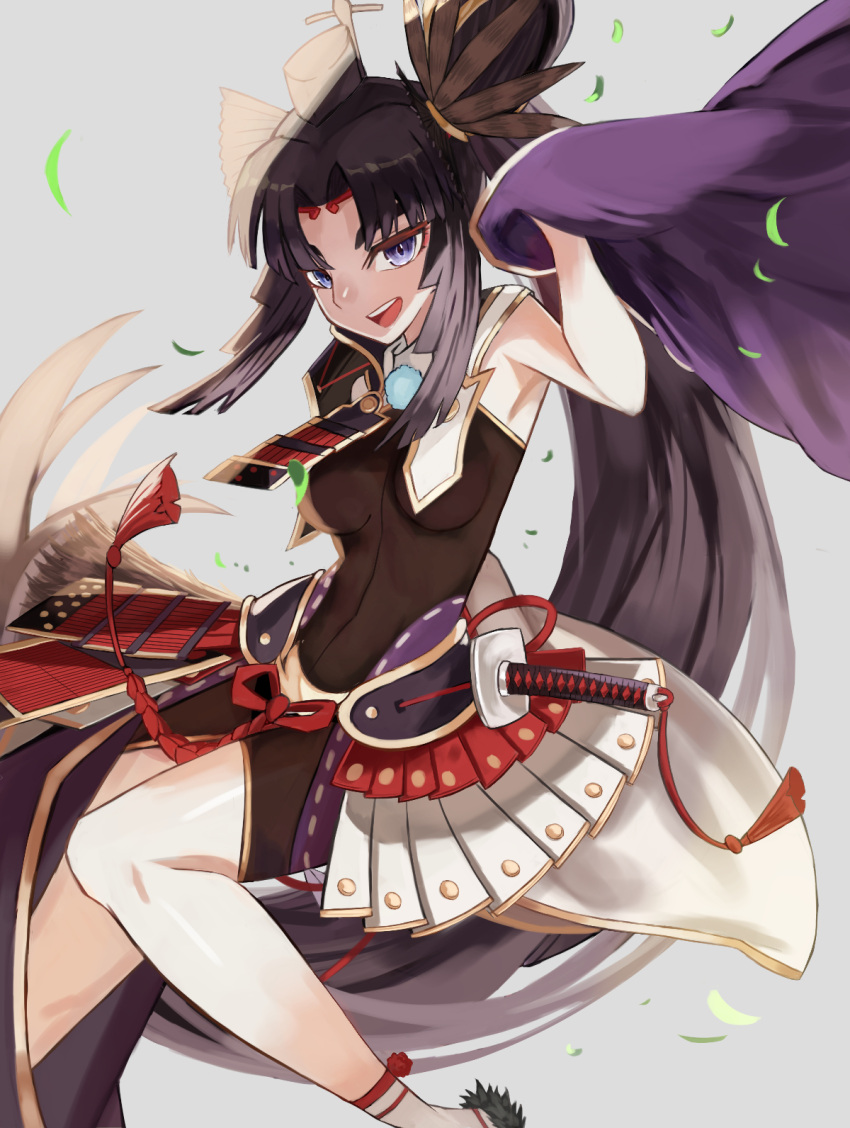 1girl armor bangs black_bodysuit black_hair black_headwear bodysuit breast_curtains breasts cape commentary_request fate/grand_order fate_(series) grey_background hair_bun hat heroic_spirit_tour_outfit highres holding holding_cape holding_clothes japanese_armor katana kusazuri leaf long_hair looking_at_viewer m0_chi medium_breasts parted_bangs purple_cape purple_eyes side_bun side_ponytail sidelocks simple_background sleeveless smile solo sword tate_eboshi teeth tongue upper_teeth ushiwakamaru_(fate) very_long_hair weapon