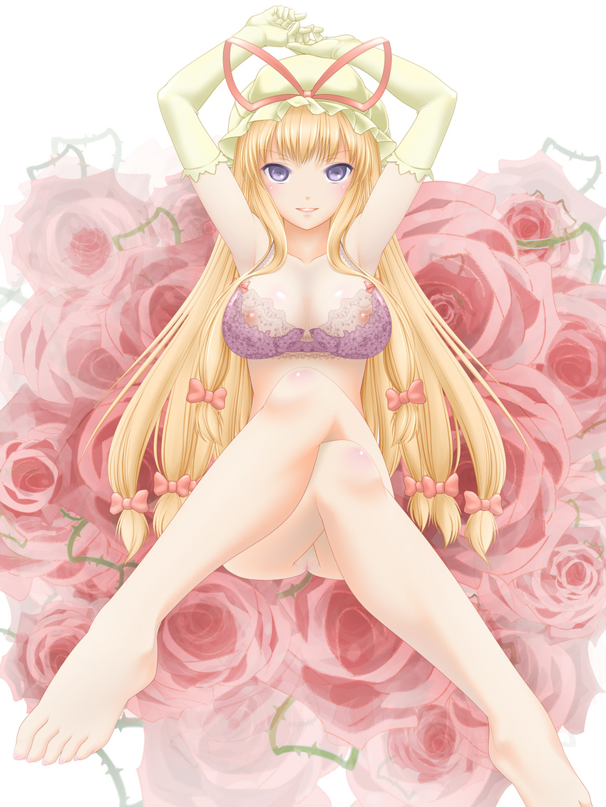 arms_up bad_id bad_pixiv_id barefoot blonde_hair bottomless bow bra breasts crossed_legs elbow_gloves feet flower gloves hair_bow hat highres koibumi lace lace_bra large_breasts legs lingerie long_hair pink_bra purple_eyes pussy rose sitting solo thorns touhou uncensored underwear underwear_only white_gloves yakumo_yukari