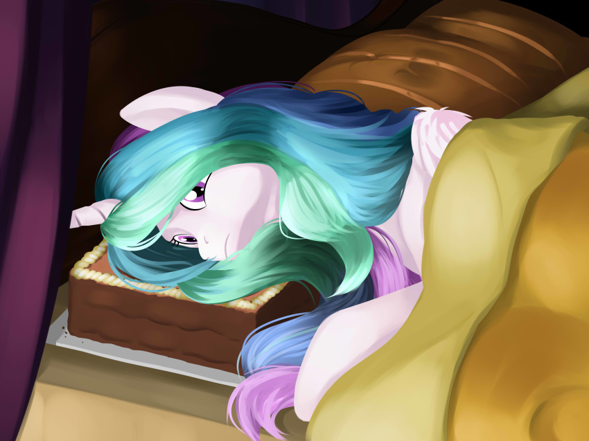 2016 bed bedding blanket equine feral friendship_is_magic hair horn looking_at_viewer lying mammal multicolored_hair my_little_pony on_bed poecillia-gracilis19 princess_celestia_(mlp) sad solo under_covers unicorn