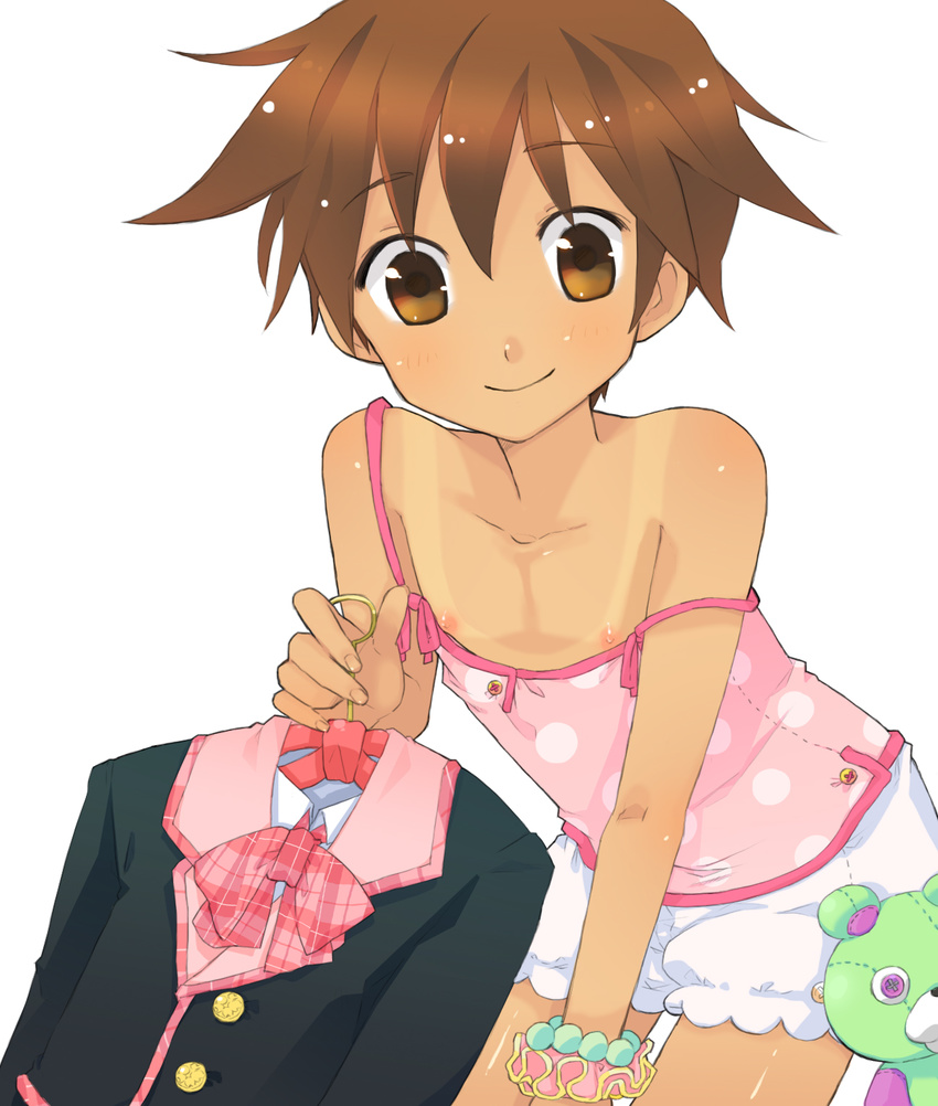 bad_id bad_pixiv_id bloomers bracelet brown_eyes brown_hair camisole child chita clothes_hanger crossdressing highres jewelry looking_at_viewer male_focus nipple_slip nipples original otoko_no_ko school_uniform shirt_tan short_hair simple_background smile solo strap_slip stuffed_animal stuffed_toy tan tanline teddy_bear underwear white_background