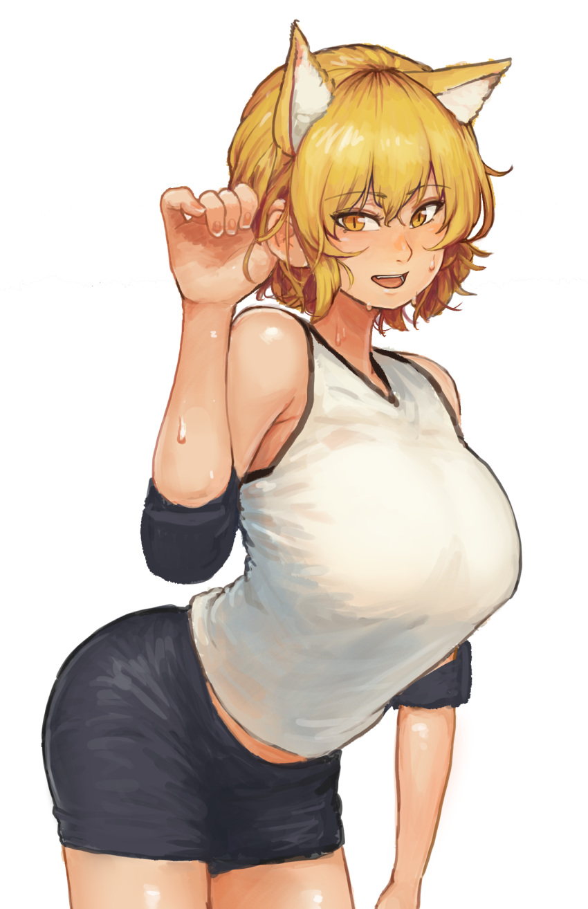 1girl animal_ear_fluff animal_ears bare_shoulders blonde_hair breasts chanta_(ayatakaoisii) commentary_request cowboy_shot elbow_pads extra_ears fox_ears gym_shirt gym_shorts highres large_breasts looking_at_viewer open_mouth shirt short_hair shorts sleeveless sleeveless_shirt smile solo sportswear sweat touhou volleyball_uniform yakumo_ran yellow_eyes