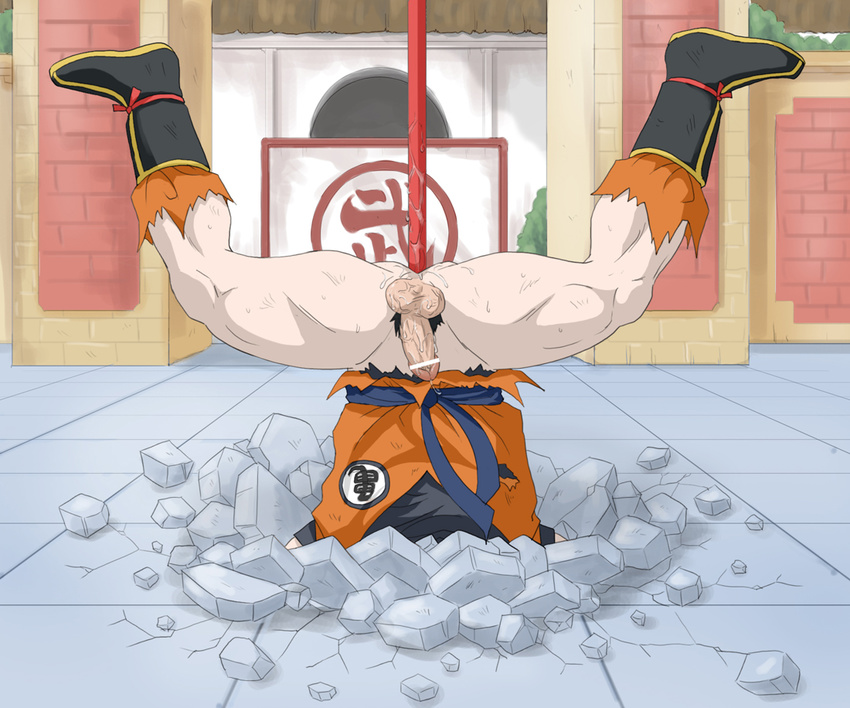 1boy anal anal_insertion anal_object_insertion buried dragon_ball dragonball insertion male male_focus object_insertion outdoors penis solo son_goku son_gokuu staff upside-down