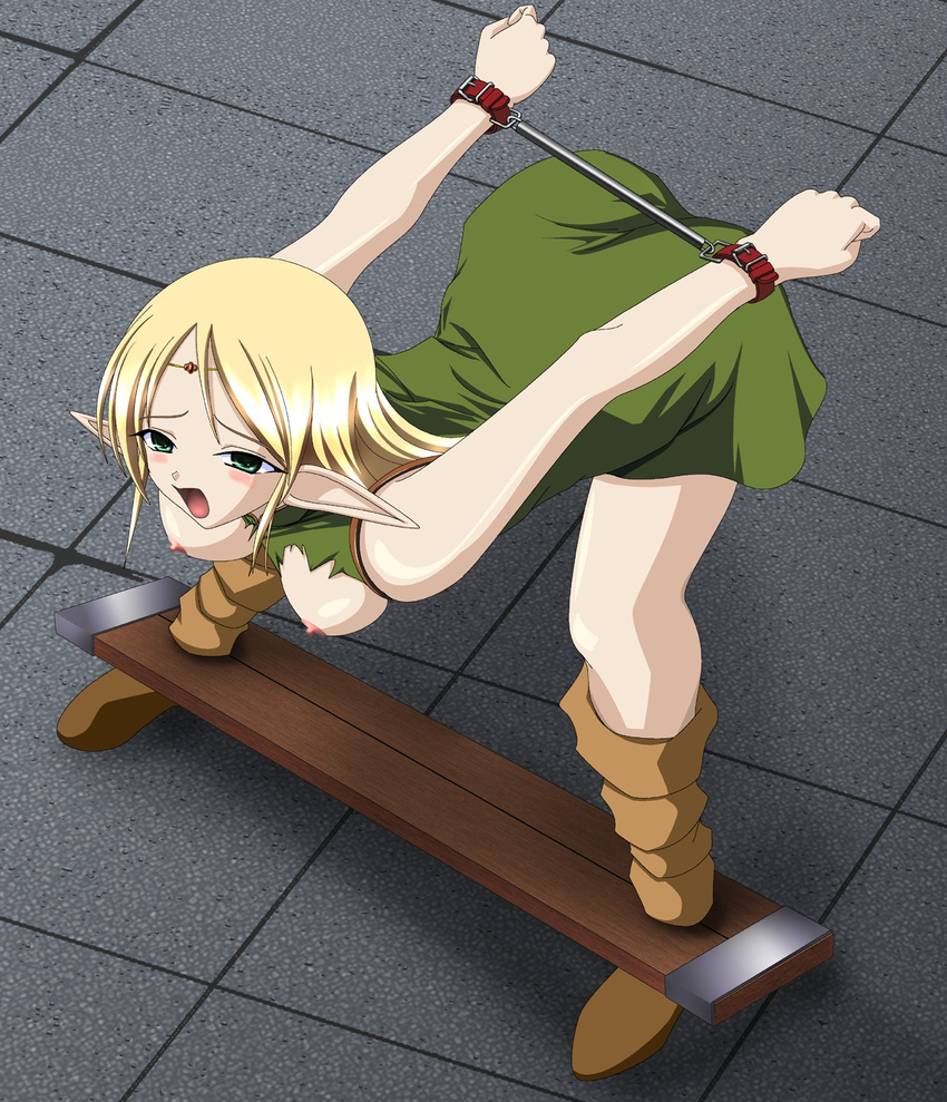 bdsm blonde_hair blush bondage bound deedlit elf highres pointy_ears record_of_lodoss_war sougen_ichiba spreader_bar stocks