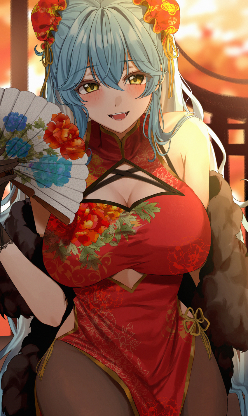 1girl amyu_(amm_asl_pa) bangs bare_shoulders black_gloves blue_hair blush breasts bun_cover china_dress chinese_clothes cleavage cleavage_cutout clothing_cutout double_bun dress eyebrows_visible_through_hair feather_boa floral_print gloves hair_between_eyes hand_fan hand_up highres holding holding_fan hololive large_breasts long_hair looking_at_viewer open_mouth pelvic_curtain print_dress red_dress side_slit sitting sleeveless sleeveless_dress smile solo very_long_hair virtual_youtuber yellow_eyes yukihana_lamy