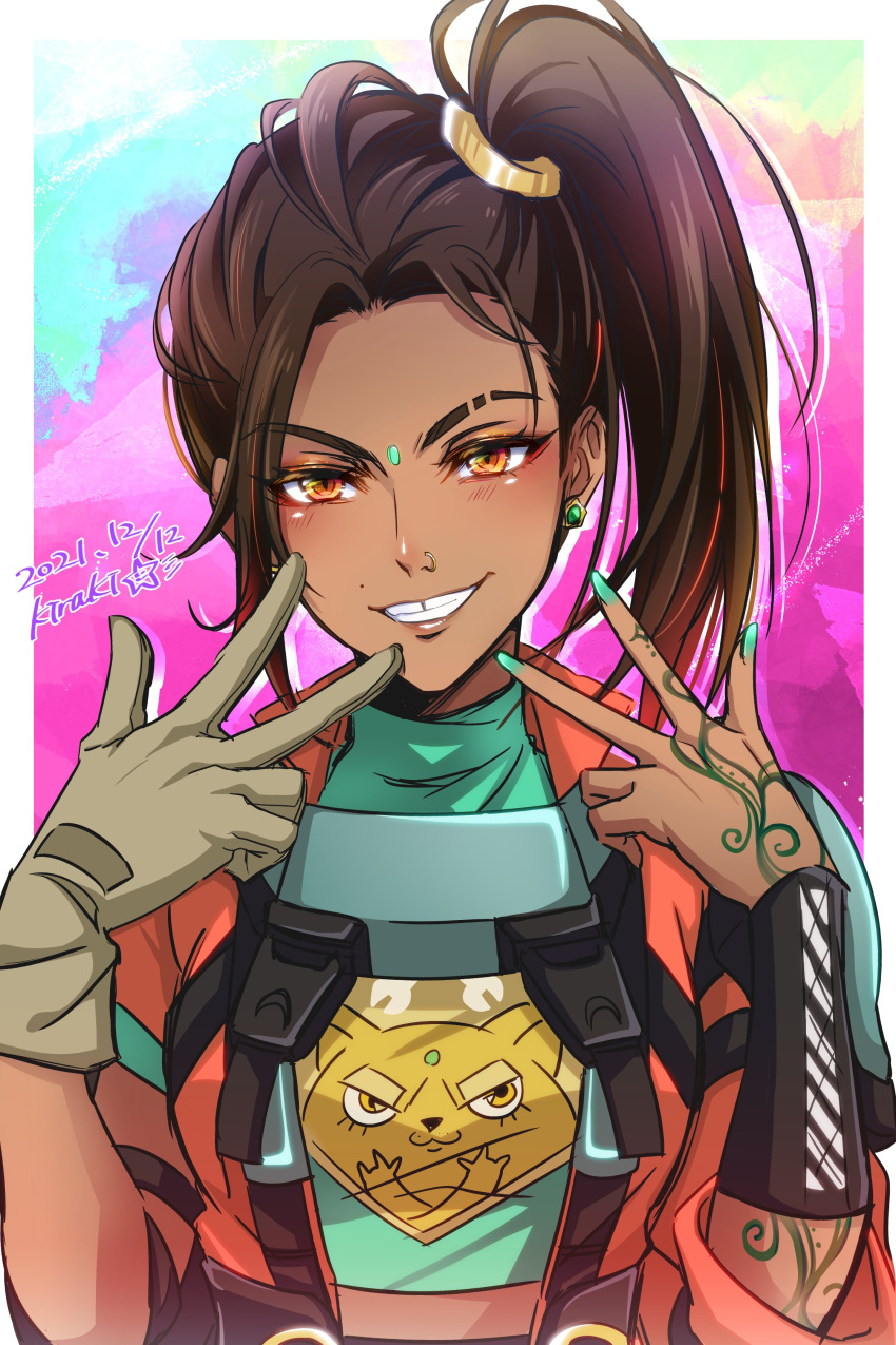 1girl absurdres apex_legends arm_tattoo brown_gloves brown_hair double_v earrings eyeshadow facial_mark forehead_mark gloves green_nails green_shirt hair_behind_ear head_tilt highres jewelry jumpsuit kiraki looking_at_viewer makeup multicolored_hair orange_jumpsuit rampart_(apex_legends) red_eyeshadow red_hair shirt side_ponytail single_glove smile solo streaked_hair tattoo tooth_gap v