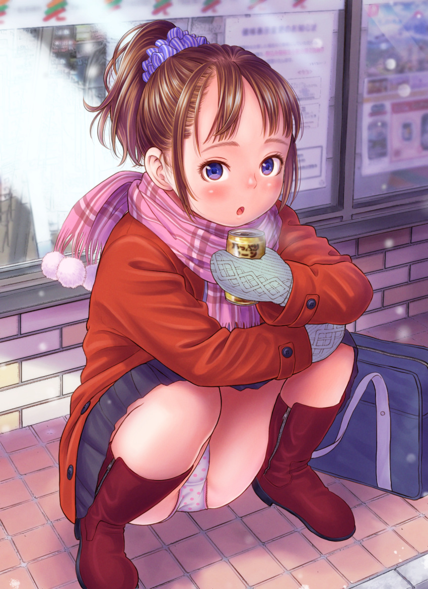 1girl black_skirt blue_eyes blush boots brown_hair can commentary_request full_body grey_mittens hands_up highres holding holding_can jacket long_sleeves looking_at_viewer mittens open_mouth original outdoors panties pantyshot pink-scarf plaid plaid_skirt pleated_skirt polka_dot polka_dot_panties pom_pom_(clothes) ponytail red_footwear red_jacket short_hair skirt solo squatting tareme underwear wadachitokakeru white_panties zipper zipper_pull_tab