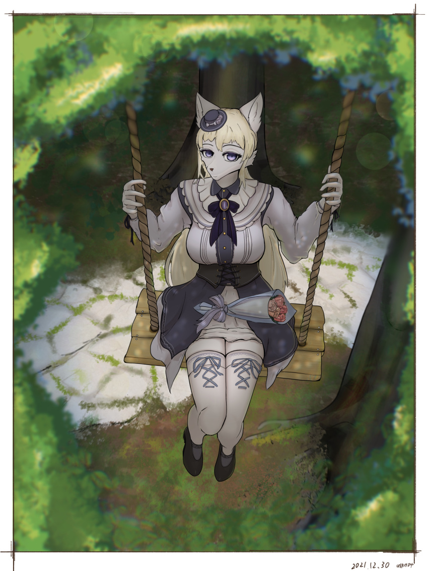 absurd_res blonde_hair canid canine canis clothed clothing female gfox404 grey_body hair hi_res mammal outside purple_eyes solo swing white_body wolf