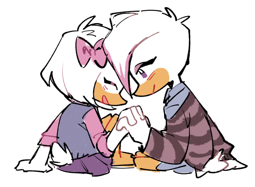 2girls arm_support bird blush bow collared_shirt disney duck ducktales dyed_bangs english_commentary furry furry_female hair_bow highres holding_hands knees_up lena_de_spell long_sleeves multicolored_hair multiple_girls pink_bow pink_hair pink_shirt purple_eyes shirt simple_background sitting smile striped striped_shirt sweater_vest two-tone_hair webby_vanderquack white_background white_hair winteamelon yokozuwari yuri