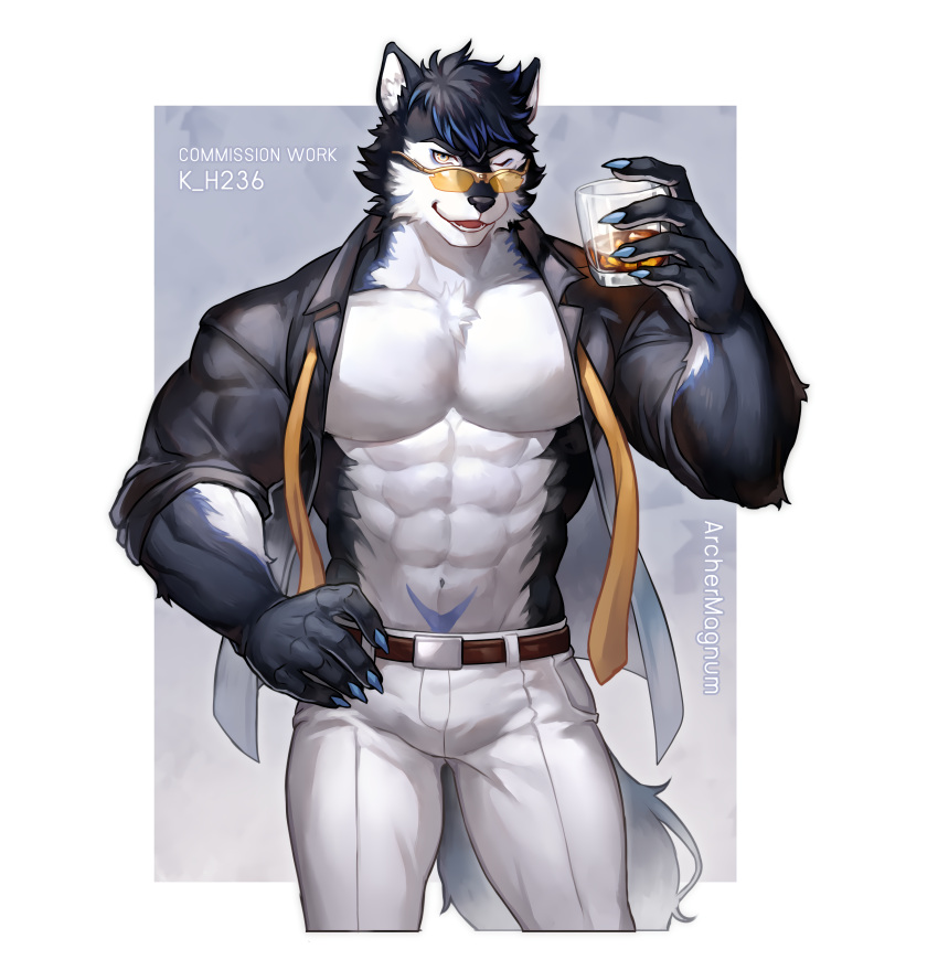 2022 5_fingers absurd_res anthro archermagnum beverage bottomwear canid canine canis clothing discordnight_(artist) eyewear fingers fur glass hair hand_on_hip hi_res male mammal multicolored_hair one_eye_closed pants solo sunglasses thunderrangers white_bottomwear white_clothing white_pants wolf