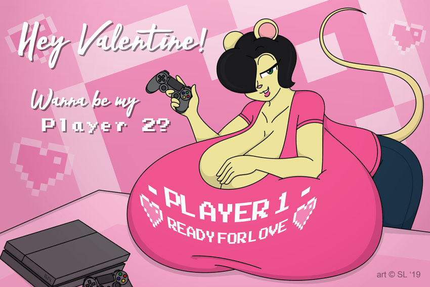 &lt;3 2019 anthro bedroom_eyes big_breasts black_hair bottomwear breasts clothing controller digital_media_(artwork) english_text female game_console game_controller gina_(satsumalord) hair holidays huge_breasts hyper hyper_breasts mammal mouse murid murine narrowed_eyes pants rodent satsumalord seductive shirt solo text topwear valentine's_day
