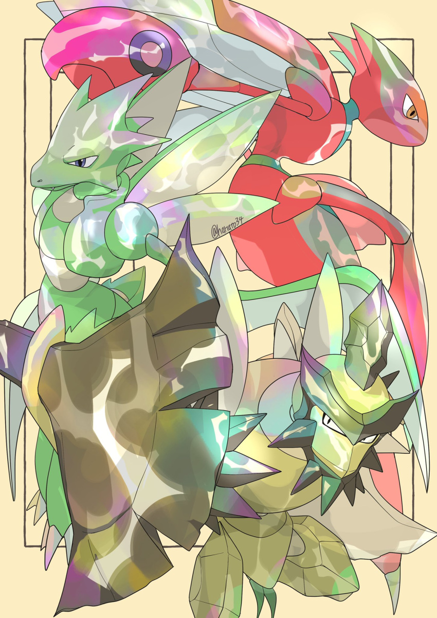 axe black_eyes closed_mouth commentary_request framed grey_eyes hanato_yousei highres kleavor no_humans orange_eyes pokemon pokemon_(creature) scizor scyther shiny twitter_username yellow_background