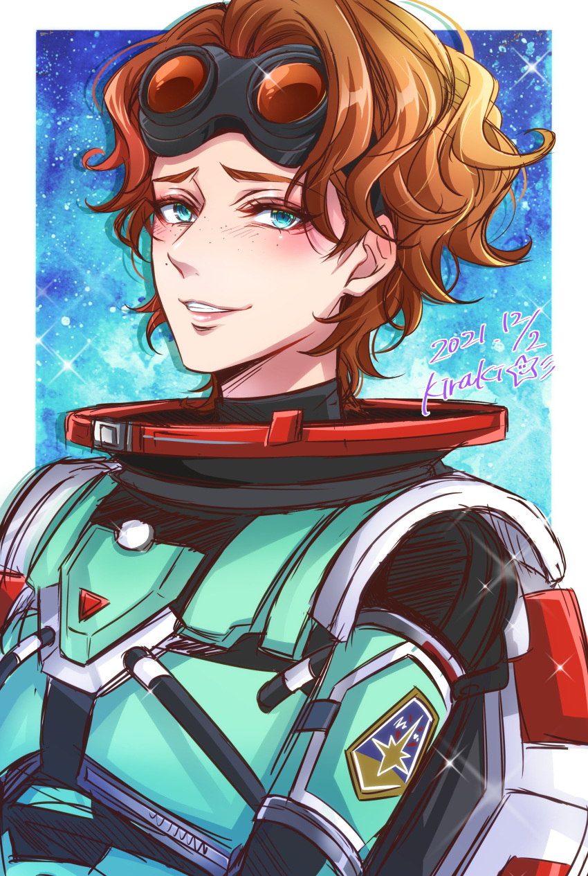 1girl absurdres apex_legends artist_name blush dated goggles goggles_on_head hair_behind_ear highres horizon_(apex_legends) kiraki looking_at_viewer orange_hair parted_lips portrait short_hair smile solo spacesuit sparkle