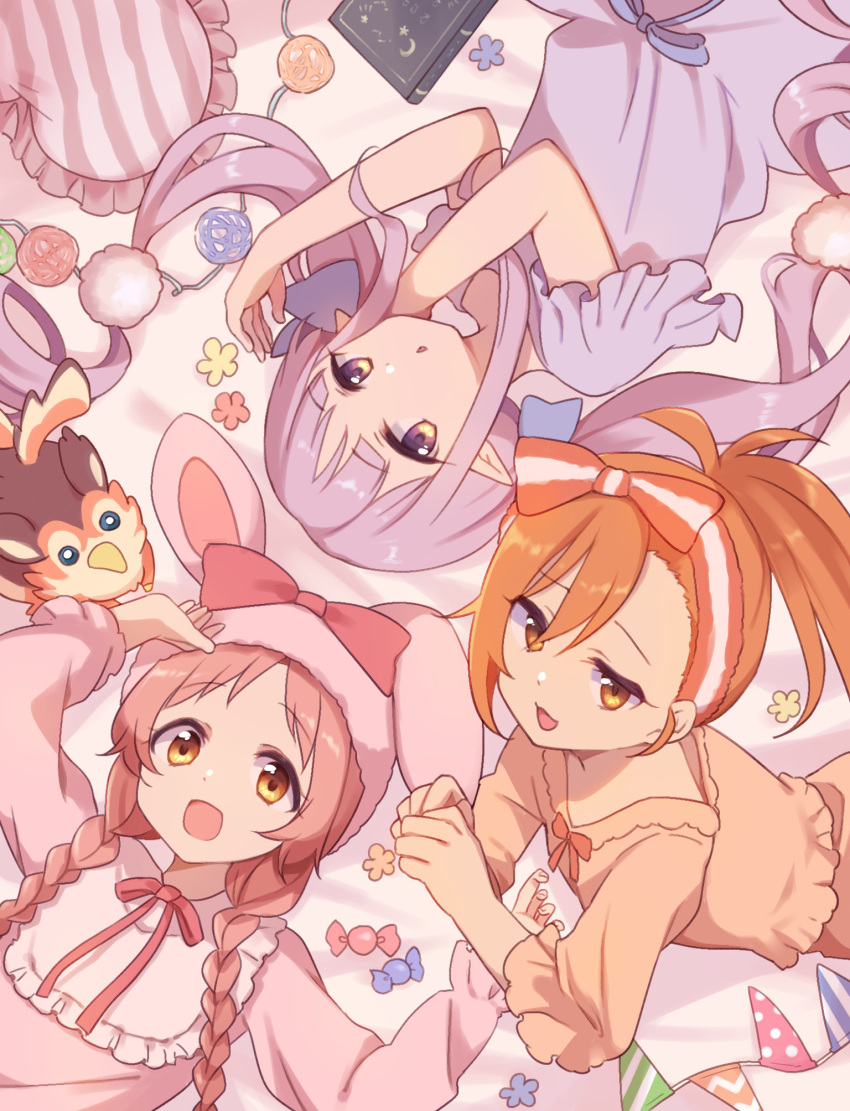 3girls :d :o arm_up bangs book braid brown_eyes brown_hair brown_shirt commentary_request diagonal_stripes dress eyebrows_visible_through_hair frilled_pillow frills gucchiann hair_between_eyes hairband highres kyouka_(princess_connect!) long_hair long_sleeves low_twintails lying mimi_(princess_connect!) misogi_(princess_connect!) multiple_girls on_back on_stomach parted_lips pennant pillow pink_dress pink_hair pointy_ears polka_dot ponytail princess_connect! purple_dress purple_hair shirt smile string_of_flags striped striped_hairband twin_braids twintails vertical_stripes very_long_hair