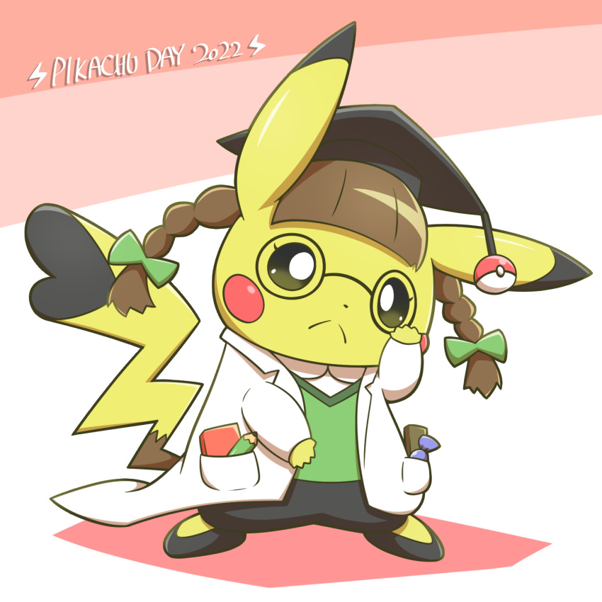:&lt; adjusting_eyewear bangs blunt_bangs brown_hair closed_mouth clothed_pokemon commentary cosplay_pikachu eyelashes full_body glasses green_ribbon green_vest hair_ribbon hand_up hat hatted_pokemon highres labcoat no_humans pants pikachu pikachu_phd pokemon pokemon_(creature) ribbon round_eyewear shoes solo split_mouth standing twintails vest yoshio_(yoshi00000091)