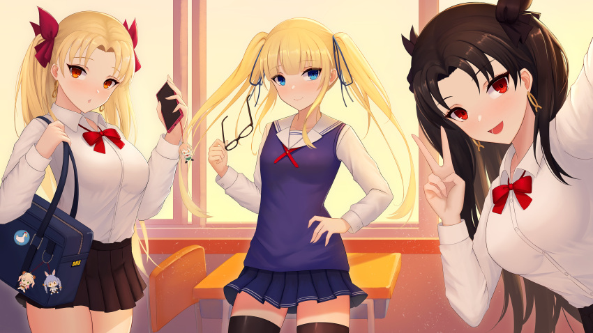 3girls :d abeen_jhong absurdres alternate_costume badge bag black_hair black_skirt blonde_hair blue_eyes blue_skirt breasts button_badge cellphone cellphone_charm charm_(object) classroom closed_mouth crossover desk earrings ereshkigal_(fate) fate/grand_order fate_(series) glasses gold_earrings hair_ribbon highres holding holding_eyewear holding_phone hololive ishtar_(fate) jewelry long_sleeves looking_at_viewer medium_breasts mixed-language_commentary momosuzu_nene multiple_girls neck_ribbon open_mouth orange_eyes parted_lips phone pleated_skirt red_eyes ribbon saenai_heroine_no_sodatekata sawamura_spencer_eriri school_bag school_desk school_uniform shirt skirt small_breasts smartphone smile subaru_duck thighhighs twintails two_side_up usada_pekora v virtual_youtuber white_shirt window zettai_ryouiki