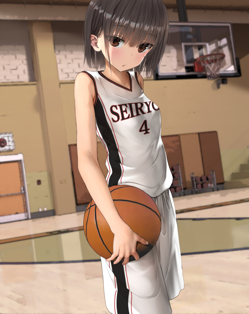 1girl ball bangs basketball basketball_court basketball_uniform blunt_bangs blush brown_eyes brown_hair egami eyebrows_visible_through_hair highres holding holding_ball indoors long_hair looking_at_viewer original short_hair shorts sleeveless solo sportswear white_shorts