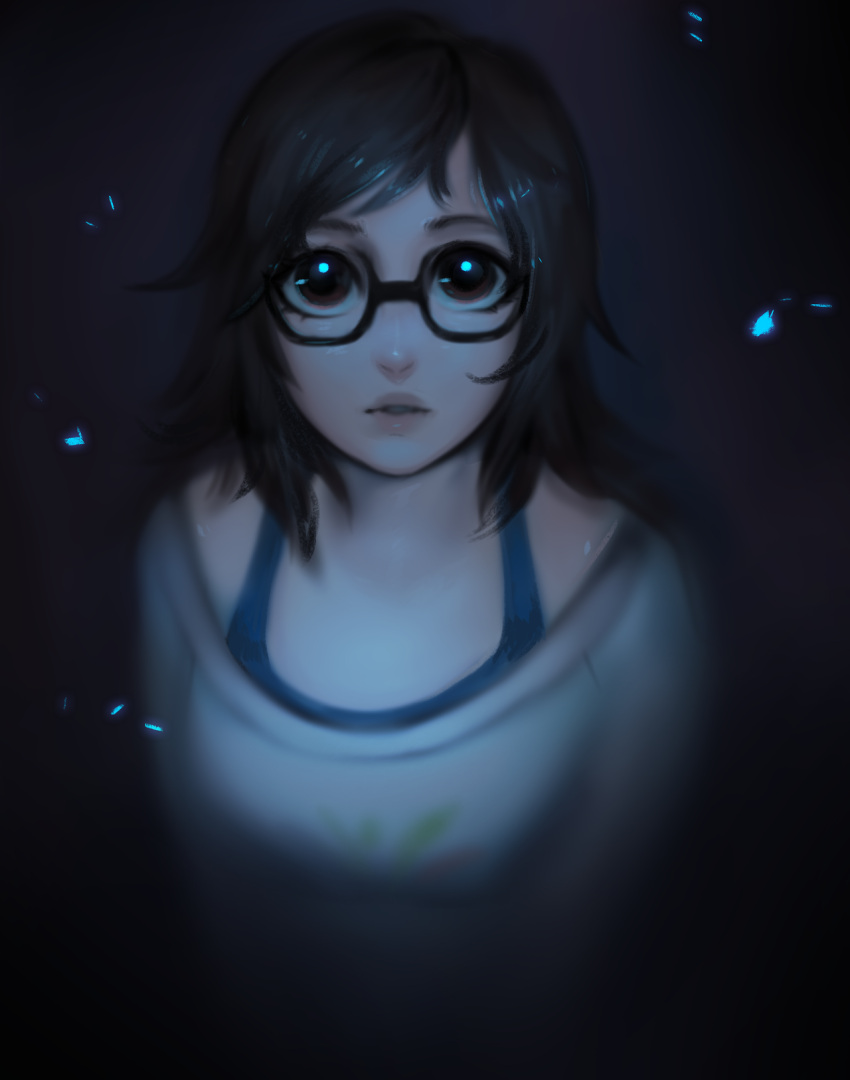 1girl black-framed_eyewear black_hair blue_bra bra brown_eyes glasses highres long_hair looking_at_viewer matilda_fiship mei_(overwatch) overwatch parted_lips shirt solo underwear upper_body white_shirt