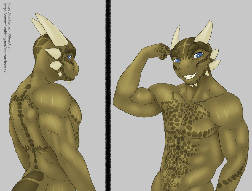 anthro archshen argonian bethesda_softworks blue_eyes chin_spikes facial_spikes flexing_bicep horn looking_at_viewer male multiple_images muscular muscular_male scalie shen_(archshen) smile solo spikes spikes_(anatomy) standing teeth the_elder_scrolls video_games