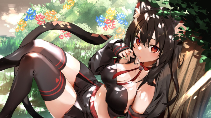 1girl :o animal_ear_fluff animal_ears bangs bare_shoulders black_camisole black_hair black_legwear black_skirt blush breasts camisole cat_ears cat_girl cat_tail cleavage collarbone detached_sleeves dutch_angle eyebrows_visible_through_hair flower foot_out_of_frame grass hair_between_eyes heart heart_print kasumi_komo large_breasts long_hair long_sleeves looking_at_viewer midriff miniskirt navel neck_ribbon open_mouth original outdoors pleated_skirt red_eyes red_ribbon ribbon sidelocks sitting skirt sleeves_past_wrists slit_pupils solo strapless_camisole tail thighhighs tree under_tree