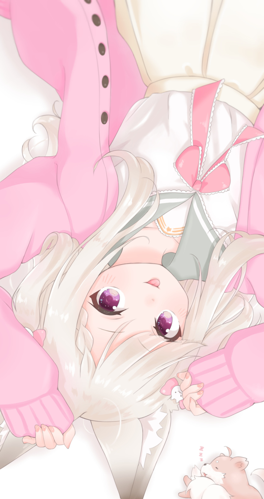 1girl :p animal_ears animare cardigan fox_ears highres long_hair long_sleeves looking_at_viewer lying on_back open_cardigan open_clothes pink_cardigan purple_eyes shirochimaki shiromiya_mimi shirt silver_hair skirt sleeves_past_wrists tongue tongue_out v-shaped_eyebrows virtual_youtuber