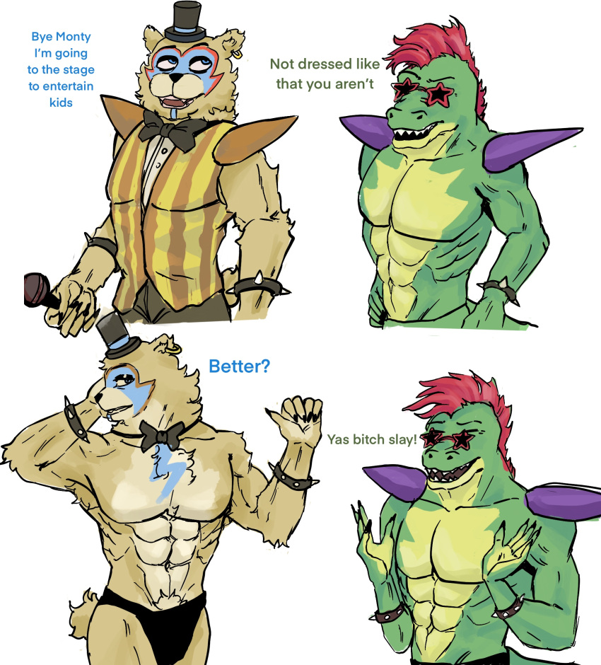 abs alligator alligatorid anthro breasts clothed clothing crocodilian duo five_nights_at_freddy's five_nights_at_freddy's:_security_breach glamrock_freddy_(fnaf) green_body hair hi_res male male/male mammal montgomery_gator_(fnaf) muscular muscular_male puffer_puff reptile scalie scottgames simple_background teeth text ursid video_games