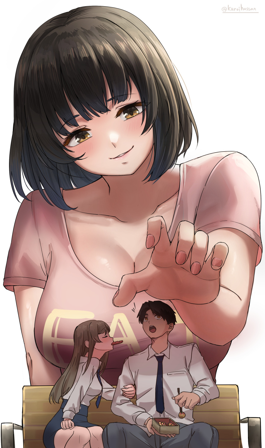 absurdres bench black_hair breasts brown_eyes brown_hair couple eat giant giantess girl hands highres pink_shirt pixiv shirt shrink shrunken uniform vore yellow_eyes