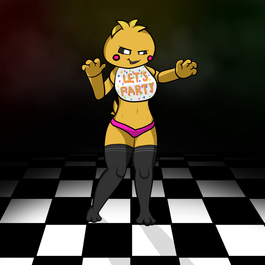 animatronic anthro beakless bib clothed clothing female five_nights_at_freddy's five_nights_at_freddy's_2 gerdew hi_res legwear machine panties partially_clothed robot scottgames smug smug_face solo stockings toy_chica_(fnaf) underwear video_games