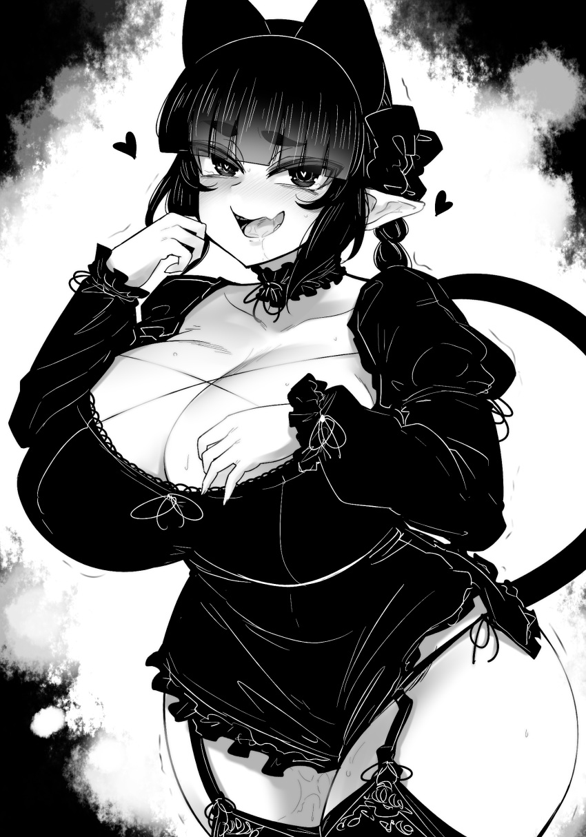 1girl absurdres adapted_costume animal_ears bangs black_bow blunt_bangs bow braid breasts cat_ears cat_tail cleavage cowboy_shot drooling extra_ears eyebrows_visible_through_hair eyes_visible_through_hair fang garter_straps greyscale hair_bow hair_ribbon haseru_(ginku_mh) heart heart-shaped_pupils highres huge_breasts juliet_sleeves kaenbyou_rin long_sleeves looking_at_viewer monochrome multiple_tails nekomata pointy_ears puffy_sleeves pussy_juice ribbon saliva simple_background skin_fang solo symbol-shaped_pupils tail tearing_up thick_thighs thighs touhou tress_ribbon twin_braids twintails two_tails