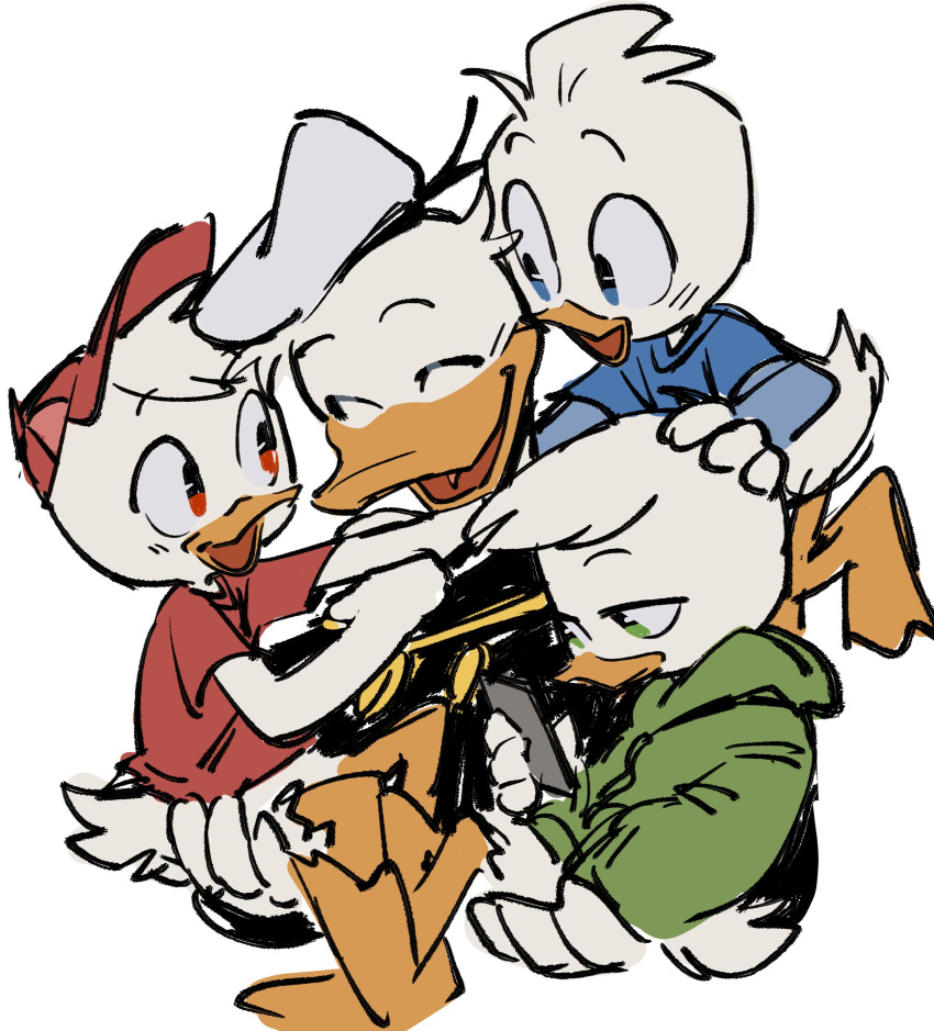 4boys :d absurdres bird blue_eyes blue_shirt child closed_eyes closed_mouth dewey_duck disney donald_duck donald_duck_sailor_hat duck ducktales english_commentary flat_color furry furry_male green_eyes green_hoodie group_hug hat highres hood hood_down hoodie huey_duck hug looking_at_another louie_duck male_focus multiple_boys open_mouth phone red_eyes red_headwear red_shirt shirt simple_background smile white_background white_hair winteamelon