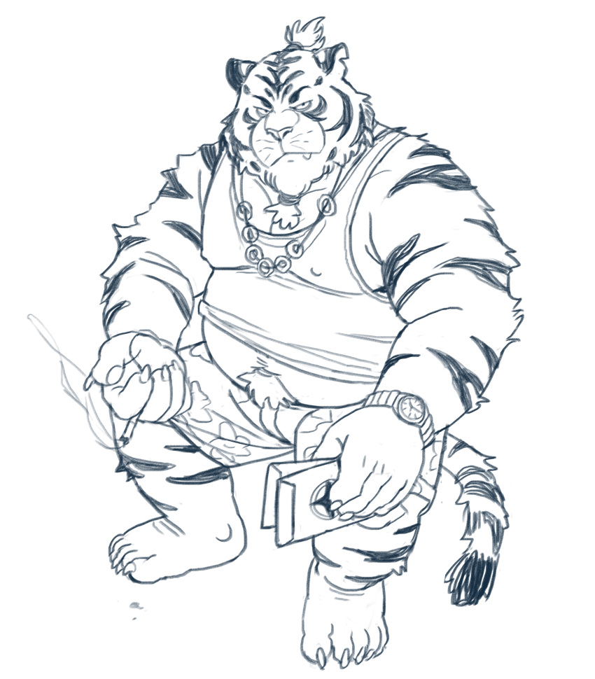 2022 absurd_res anthro belly bottomwear clothing cute_fangs felid hi_res humanoid_hands huynhduyad14 kemono male mammal navel overweight overweight_male pantherine shirt shorts simple_background sitting sketch solo tiger topwear white_background