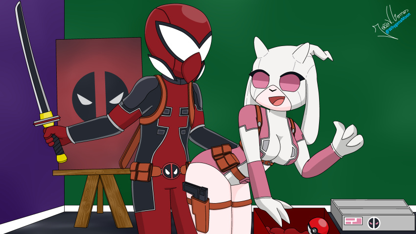 2022 absurd_res albedo_(whygenamoon) anthro bovid breasts caprine clothing cosplay deadpool duo female feral goat gwenpool hi_res human hybrid katana light_fast_luz_negra_(whygenamoon) male mammal marvel melee_weapon nintendo pok&eacute;ball pok&eacute;mon sword video_games weapon whygenamoon