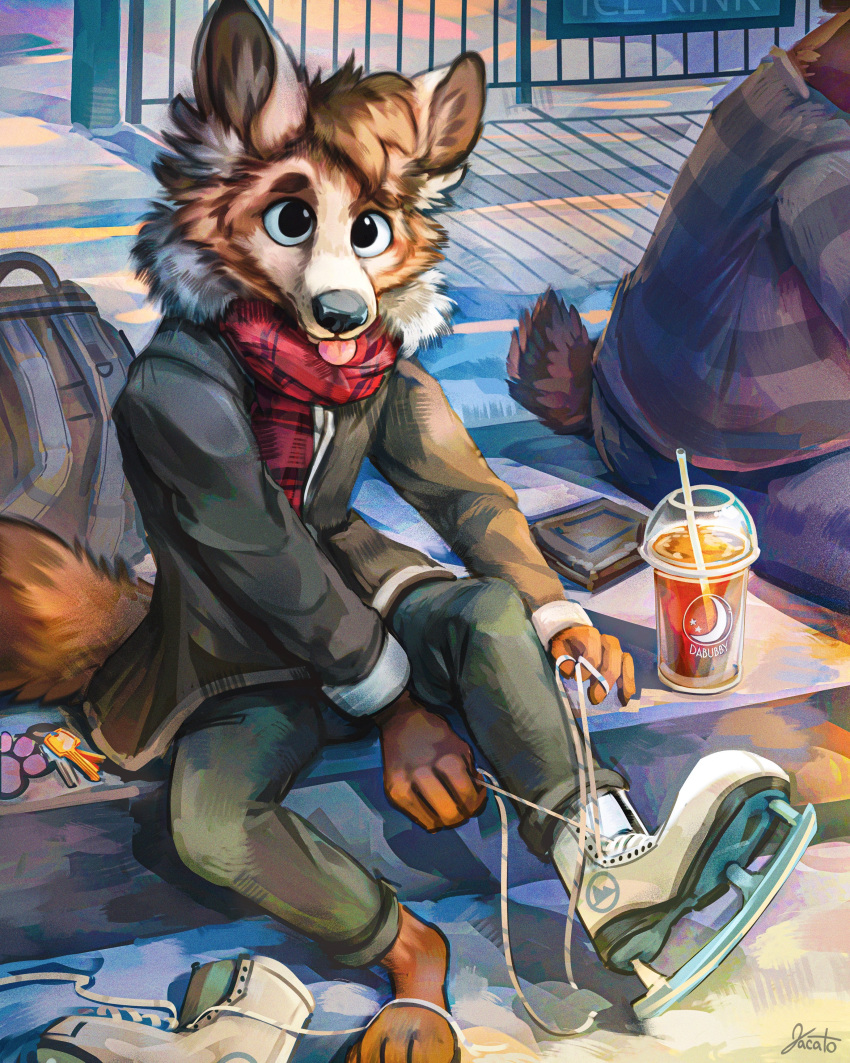 2022 3_toes 4_fingers absurd_res anthro backpack barefoot biped black_nose blep blue_bottomwear blue_clothing blue_pants blue_sclera bottomwear brown_body brown_fur brown_wallet canid canine cheek_tuft clothed clothing container cup day detailed_background digital_media_(artwork) drinking_straw duo facial_tuft feet fence fingers fox fully_clothed fur head_tuft hi_res holding_object ice_skates ice_skating ice_skating_rink inner_ear_fluff jacato jacket keychain lirty looking_at_viewer male mammal mostly_offscreen_character multicolored_body multicolored_fur outside pants pattern_clothing pattern_shirt pattern_topwear pawpads red_scarf road scarf scut_tail shadow shirt shoelaces short_tail signature sitting solo_focus street striped_clothing striped_shirt striped_topwear stripes toes tongue tongue_out topwear tuft unknown_character unknown_species wallet white_body white_fur white_inner_ear_fluff