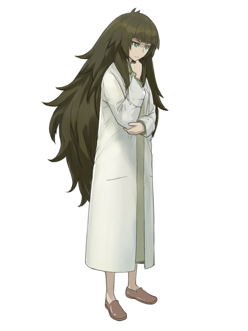 1girl bangs beige_dress black_hair blunt_bangs brown_footwear closed_mouth flipped_hair full_body green_eyes hand_on_own_chin hand_on_own_elbow highres hiyajou_maho labcoat loafers long_hair long_sleeves looking_to_the_side menomorute messy_hair shoes sidelocks simple_background solo standing steins;gate steins;gate_0 thick_eyebrows very_long_hair white_background