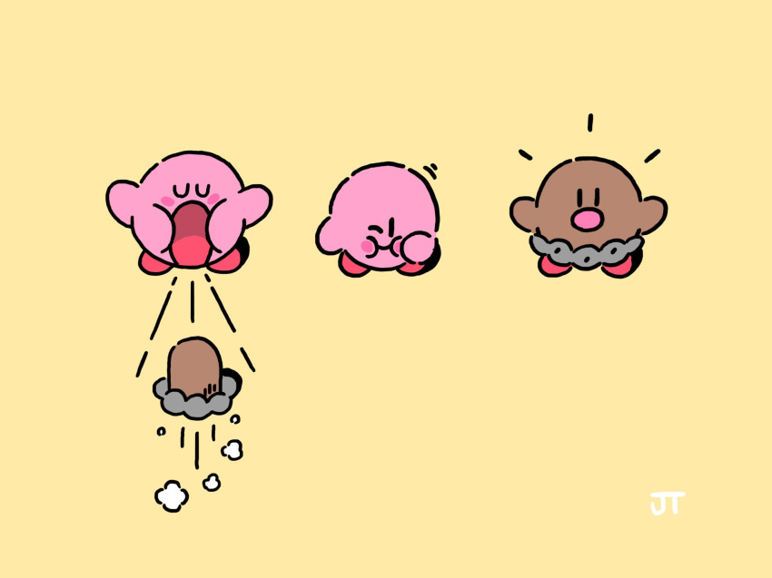 :i blush_stickers closed_eyes closed_mouth commentary crossover diglett highres james_turner kirby kirby_(series) no_humans notice_lines one_eye_closed pokemon pokemon_(creature) simple_background solid_oval_eyes standing sucking yellow_background