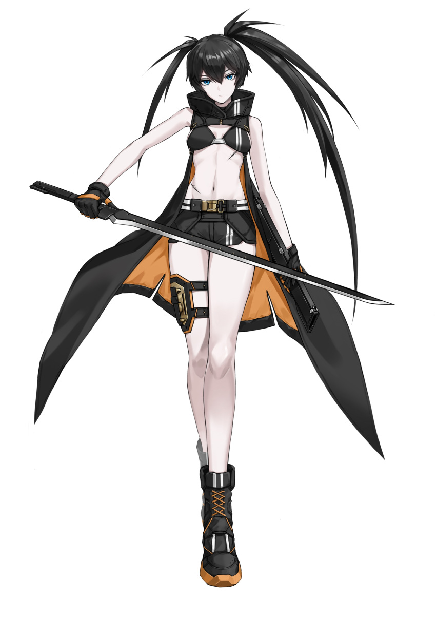 1girl absurdres asymmetrical_hair bangs bare_arms bare_legs black_bra black_footwear black_gloves black_hair black_rock_shooter black_rock_shooter_(character) black_shorts blue_eyes bra breasts cleavage closed_mouth ctpt9r flaming_eye floating_hair full_body gloves hair_between_eyes highres holding holding_sword holding_weapon long_hair long_legs looking_at_viewer shiny shiny_hair short_shorts shorts simple_background small_breasts solo standing sword thigh_strap twintails underwear very_long_hair weapon white_background
