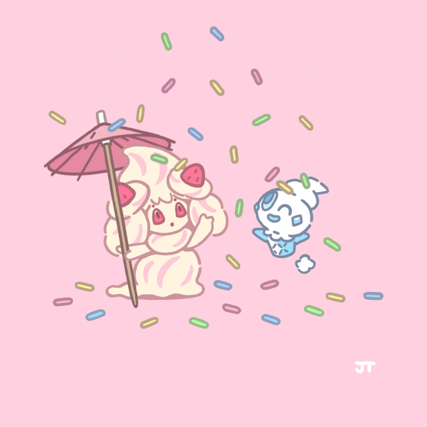 :o alcremie alcremie_(strawberry_sweet) arm_up blue_eyes commentary floating highres holding holding_umbrella james_turner looking_up no_humans one_eye_closed pink_background pokemon pokemon_(creature) red_eyes signature simple_background smile sprinkles umbrella vanillite