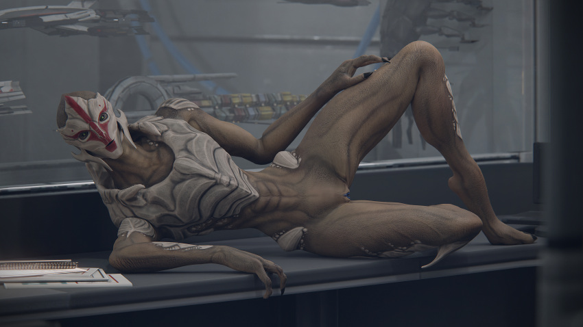 absurd_res alien bedroom_eyes bodypaint desk doinks-ahoy dominant dominant_female duo face_paint female furniture genitals hands hi_res legs male male/female mass_effect mass_effect_2 narrowed_eyes nyreen_kandros pussy romantic seductive table video_games xeno