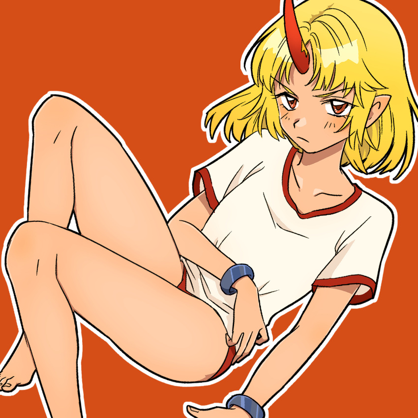 1girl angry bare_legs barefoot blonde_hair breasts buruma closed_mouth collarbone cuffs feet_out_of_frame highres horns mizuhashi_parsee orange_background pointy_ears red_buruma red_eyes red_horns shirt short_sleeves sibata_maru simple_background single_horn small_breasts touhou v-shaped_eyebrows white_shirt