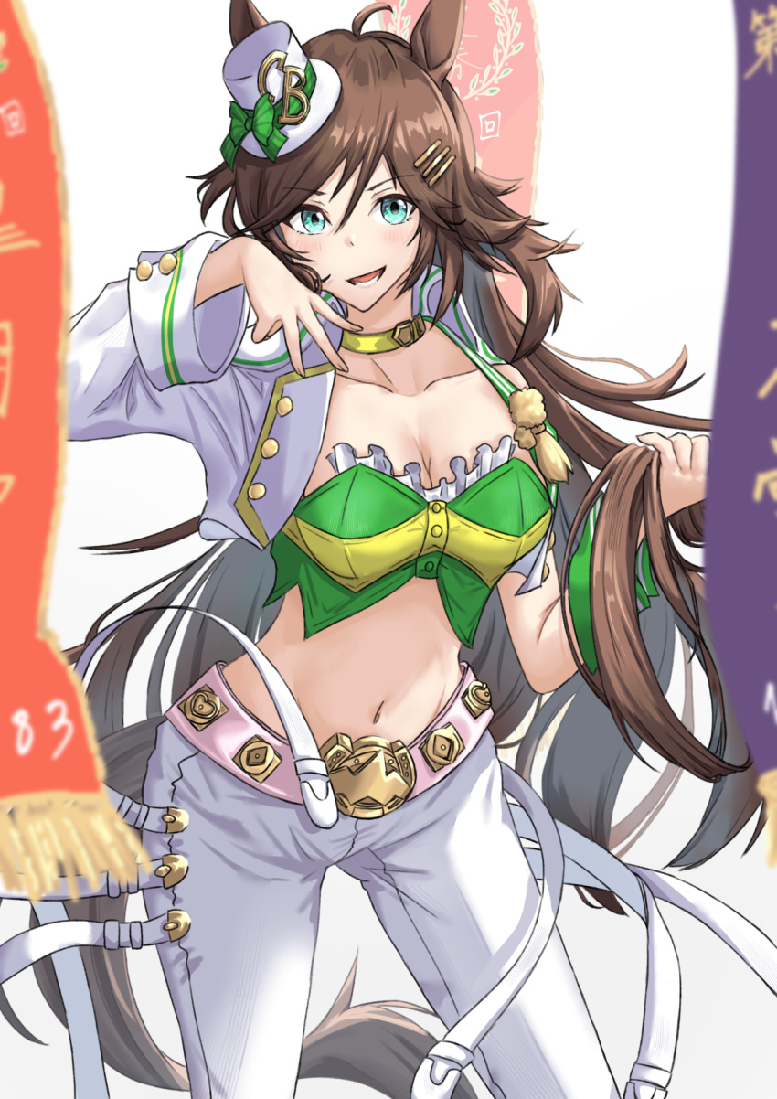 1girl :d ahoge animal_ears arm_belt arm_up bangs bare_shoulders belt blue_eyes breasts brown_hair choker cleavage collarbone commentary_request cowboy_shot cropped_jacket eyebrows_visible_through_hair fatalia_(kudo_udon) floating_hair green_bandeau groin hair_between_eyes hair_ornament hairclip hat highres holding holding_hair horse_ears horse_girl horse_tail jacket long_hair long_sleeves looking_at_viewer lower_teeth medium_breasts midriff mini_hat mini_top_hat mr._c.b._(umamusume) navel open_clothes open_jacket open_mouth pants pink_belt sash sidelocks single_bare_shoulder single_sleeve sleeve_cuffs smile solo standing tail teeth top_hat umamusume white_background white_headwear white_jacket white_pants yellow_choker