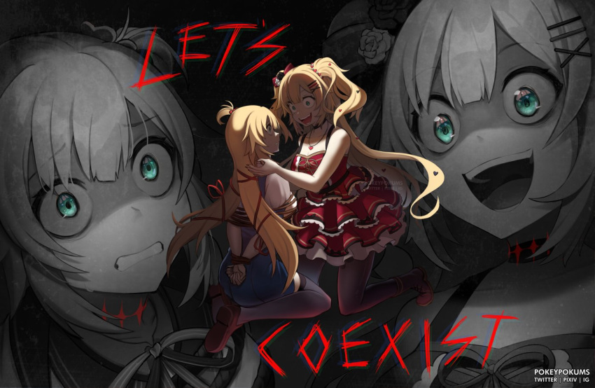2girls akai_haato aqua_eyes bangs blonde_hair bound bound_wrists breasts cleavage commentary crazy_eyes dress dual_persona english_commentary english_text eye_contact fangs flower frilled_dress frills hair_flower hair_ornament hair_ribbon heart heart_hair_ornament heart_necklace hololive kneeing laughing long_hair looking_at_another multiple_girls open_mouth pokey red_dress red_ribbon ribbon sitting stitched_neck teeth thighhighs tied_up_(nonsexual) virtual_youtuber wariza watermark zoom_layer