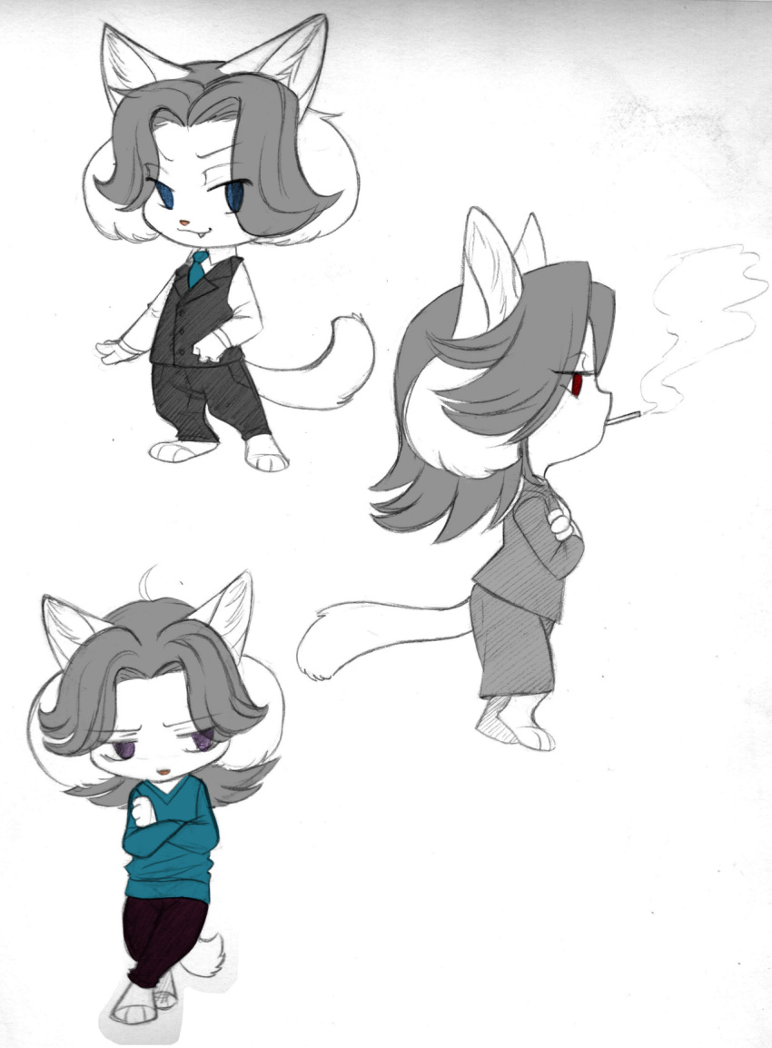 anthro blue_eyes bottomwear canid canine cigarette clothed clothing cute_fangs eyebrows felid feline fur group hair hi_res mammal pencil_skirt purple_eyes red_eyes simple_background skirt smile smoke smoking suit swing-tale tem temmie_(undertale) undertale undertale_(series) video_games white_body white_fur