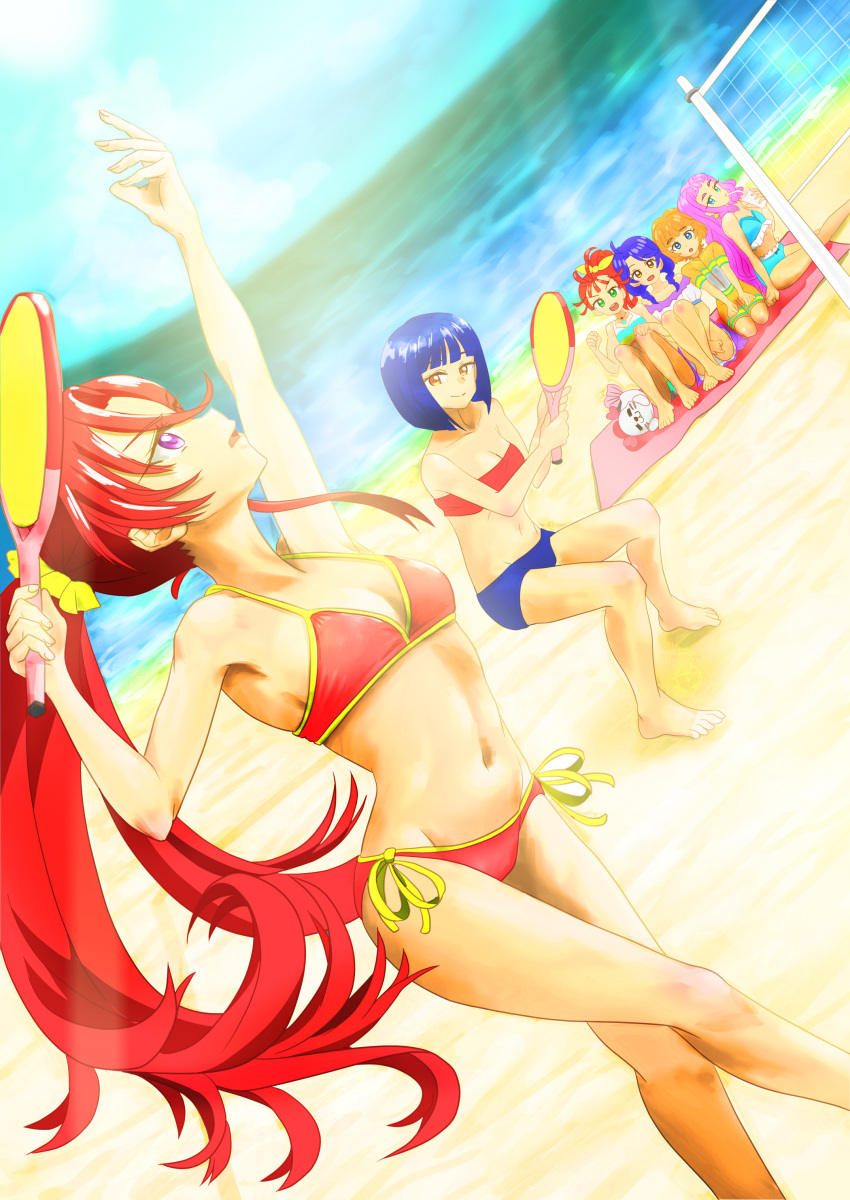 6+girls absurdres arm_up bare_legs barefoot beach bikini blue_bikini blue_hair breasts brown_hair cleavage collarbone day drinking drinking_straw fisheye floating_hair groin highres ichinose_minori laura_la_mer long_hair looking_up mismatched_bikini multiple_girls natsuumi_manatsu navel ocean open_mouth outdoors pink_hair precure purple_eyes red_bikini red_hair ribbon shiny shiny_hair shiratori_yuriko short_hair side-tie_bikini sitting small_breasts standing strapless strapless_bikini suiren-touru summer suzumura_sango swimsuit takizawa_asuka tropical-rouge!_precure very_long_hair yellow_ribbon