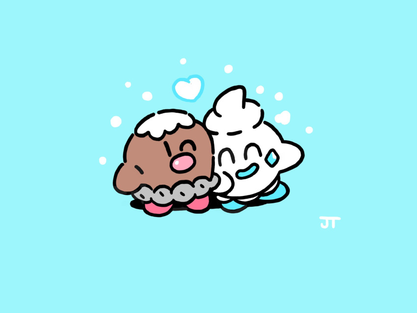 ^_^ affectionate blue_background closed_eyes commentary crossover cuddling diglett happy heart highres james_turner kirby kirby_(series) one_eye_closed pokemon signature simple_background smile solid_oval_eyes standing