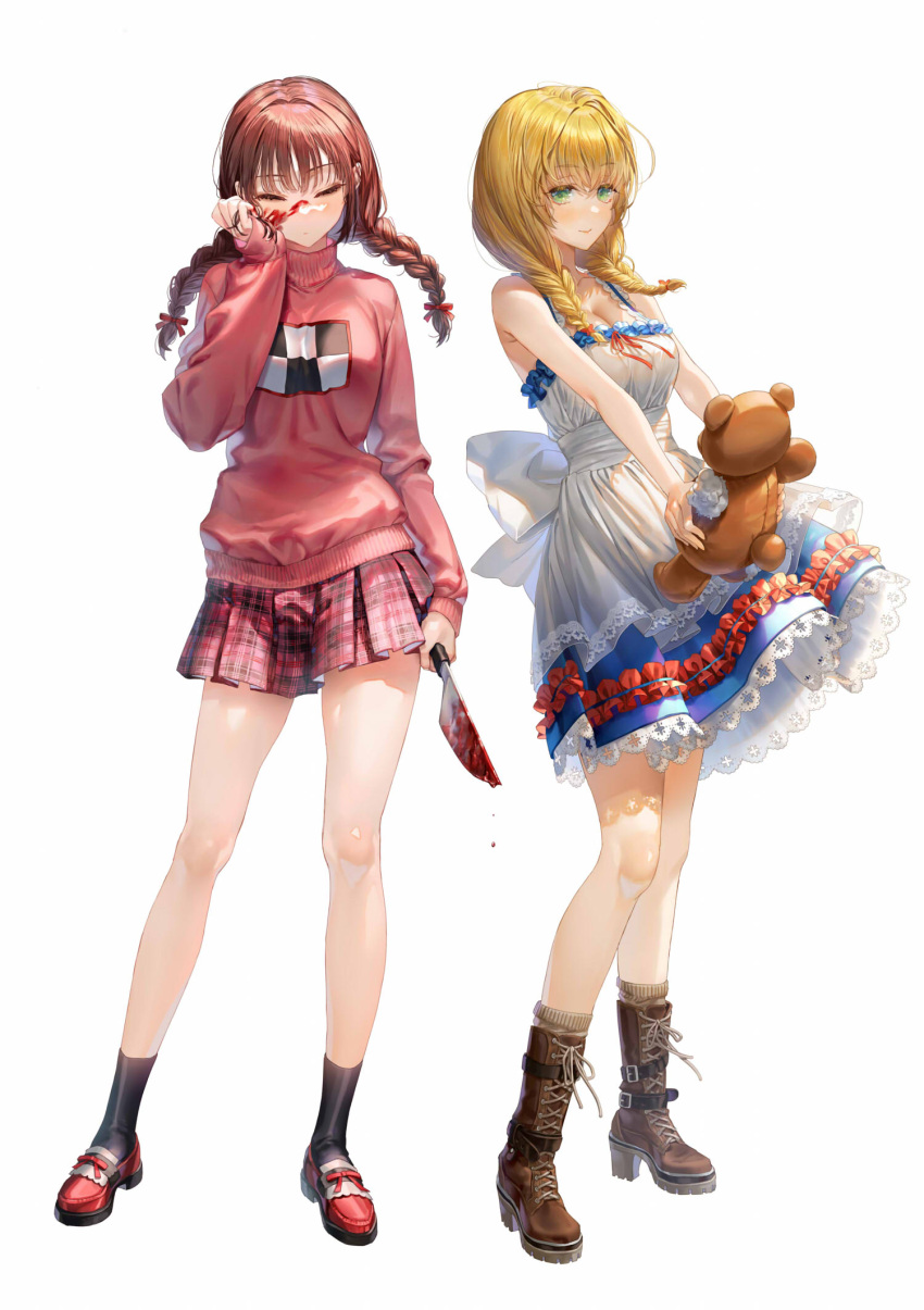 2girls arm_at_side back_bow bangs bare_arms bare_shoulders between_fingers black_legwear blonde_hair blood blood_on_face blood_on_knife boots bow braid breasts brown_footwear brown_hair checkered_clothes cleavage closed_eyes closed_mouth cross-laced_footwear crossover dress dripping facing_viewer frilled_dress frills full_body green_eyes hair_bow hair_over_shoulder hand_up highres holding holding_knife holding_toy knife lace-trimmed_dress lace-up_boots lace_trim long_hair long_sleeves looking_at_viewer madotsuki majo_no_ie miniskirt multiple_girls oohhya pink_shirt plaid pleated_skirt red_bow red_footwear red_ribbon red_skirt ribbon see-through shirt shoes simple_background skirt sleeveless sleeveless_dress sleeves_past_wrists smile socks standing stuffed_animal stuffed_toy teddy_bear toy turtleneck twin_braids twintails viola_(majo_no_ie) white_background white_dress wiping_face yume_nikki