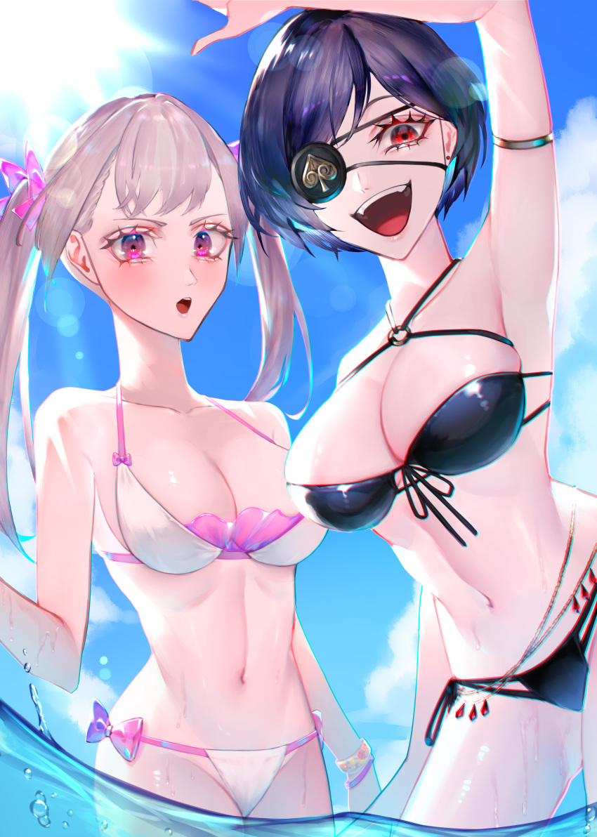 2girls :d :o absurdres armlet bangs belly_chain bikini black_bikini black_clover black_hair blue_sky blush bow bracelet breasts chain_belt cleavage criss-cross_halter day eyepatch frilled_bikini frills frit_2 front-tie_bikini front-tie_top grin halterneck highres insignia jewelry lens_flare light_rays long_bangs long_eyelashes long_hair looking_at_viewer medium_breasts midriff multi-strapped_bikini multiple_girls navel noelle_silva o-ring o-ring_bikini o-ring_top one_eye_covered open_mouth outdoors parted_bangs pink_eyes purple_eyes red_eyes short_hair side-tie_bikini sideboob sidelocks silver_hair skindentation sky smile spade_(shape) string_bikini sun sunbeam sunlight swimsuit twintails vanica_zogratis water