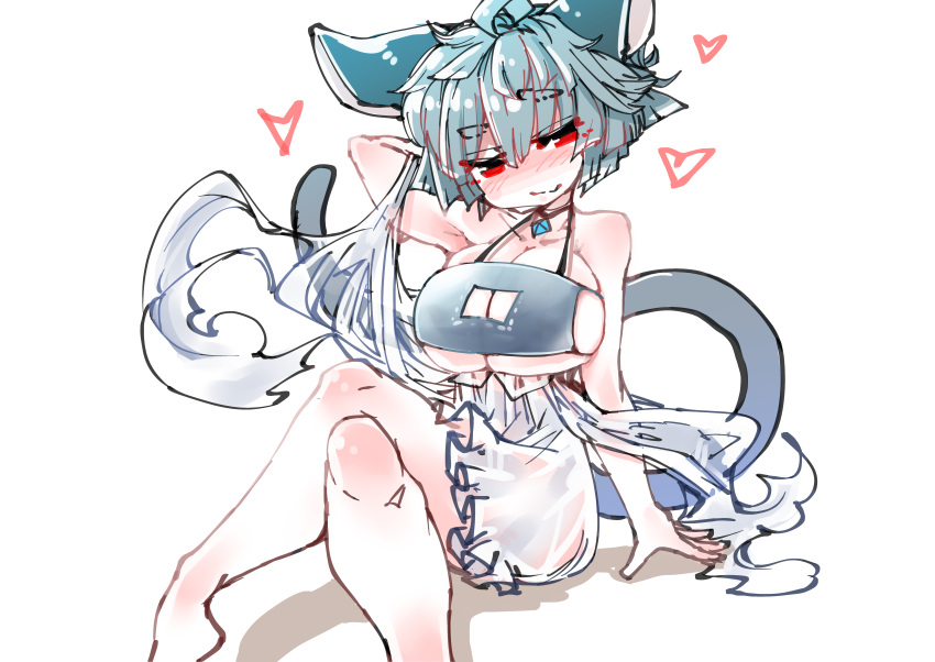 &lt;3 absurd_res ahoge animal_humanoid big_breasts big_ears blush breasts cleavage clothed clothing female grey_hair hair hi_res humanoid mammal mammal_humanoid mouse_humanoid murid murid_humanoid murine murine_humanoid nazrin pendant raised_arm red_eyes rodent rodent_humanoid sabitare short_hair sitting smile solo swimwear touhou video_games