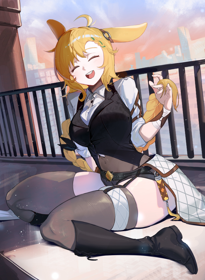 1girl :d absurdres ahoge animal_ears arknights black_footwear black_shorts black_vest blonde_hair blush boots braid breasts brown_legwear cityscape closed_eyes collared_shirt commentary_request covered_navel day facing_viewer full_body garter_straps highres holding_hands knee_boots kroos_(arknights) kroos_the_keen_glint_(arknights) large_breasts long_hair long_sleeves mare_funo official_alternate_costume on_floor open_mouth outdoors rabbit_ears railing shirt short_shorts shorts single_braid sitting skindentation smile solo thighhighs very_long_hair vest waist_cape white_shirt