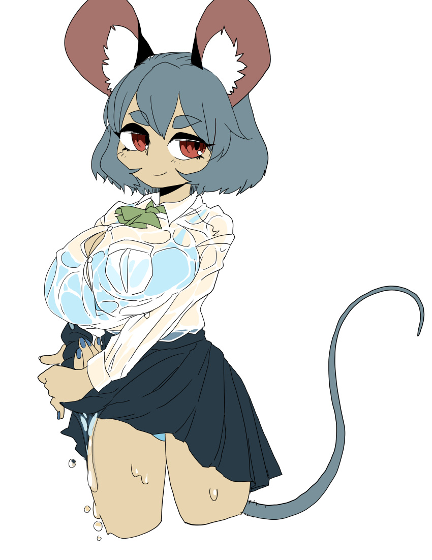 absurd_res animal_humanoid big_breasts big_ears blue_nails bottomwear bra breasts buchineko cleavage clothed clothing colored_nails eyebrows female grey_hair hair hi_res huge_breasts humanoid inner_ear_fluff mammal mammal_humanoid mouse_humanoid murid murid_humanoid murine murine_humanoid nails nazrin panty_peek red_eyes rodent rodent_humanoid shirt short_hair skirt smile solo thick_eyebrows topwear touhou tuft underwear video_games wet wet_clothing wet_shirt wet_topwear